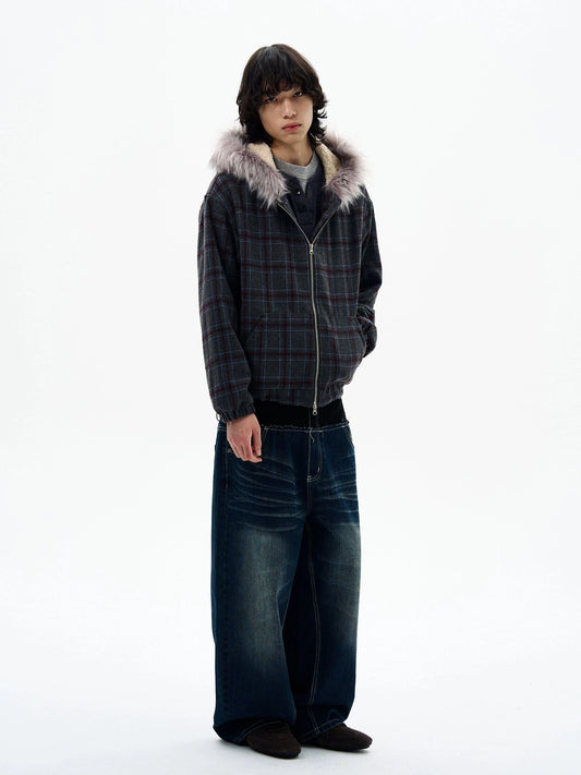 RT No. 32505 PLAID FUR ZIP HOODIE