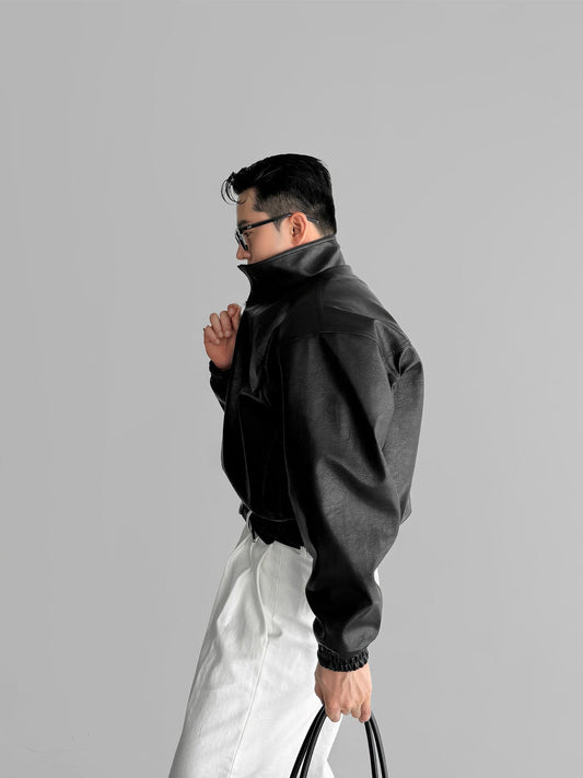 RT No. 12467 BLACK STAND COLLAR LEATHER JK