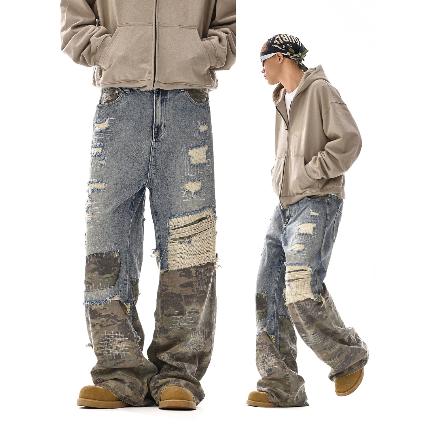 RT 12110 CAMO PATCH DISTRESSED DENIM JEANS – REALTAKAI