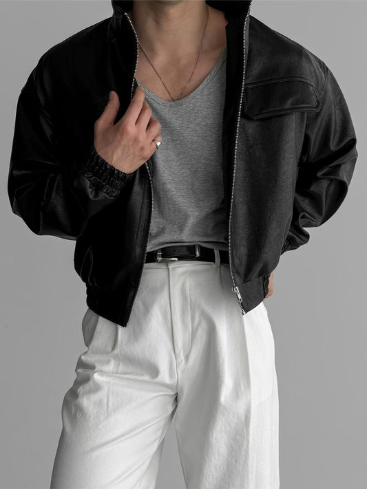 RT No. 12467 BLACK STAND COLLAR LEATHER JK