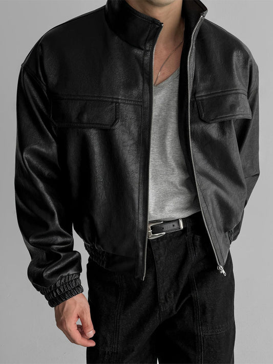 RT No. 12467 BLACK STAND COLLAR LEATHER JK