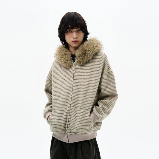 RT No. 32093 KNITWEAR STRIPED FUR COLLAR ZIP HOODIE
