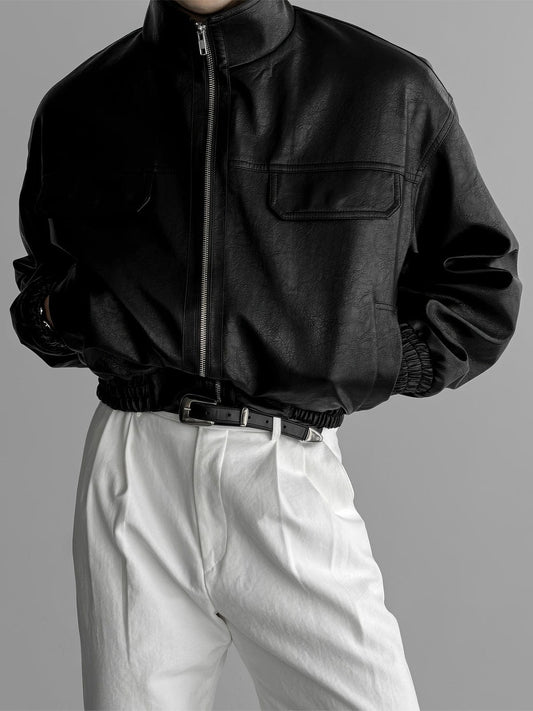 RT No. 12467 BLACK STAND COLLAR LEATHER JK