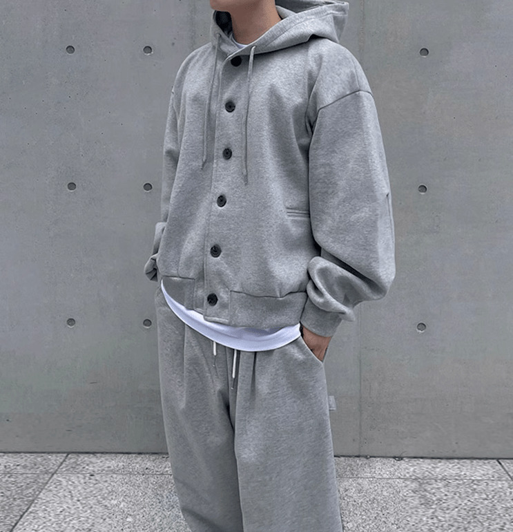RT No. 11080 GRAY BUTTON-UP HOODIE & WIDE SWEATPANTS