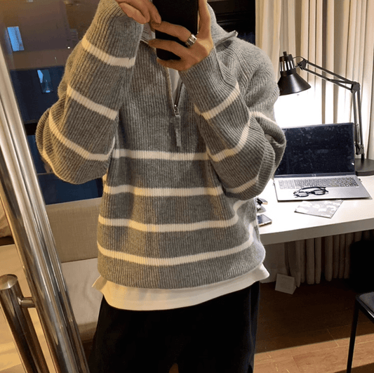 RT No. 12031 GRAY ZIP-UP PULLOVER COLLAR SWEATER