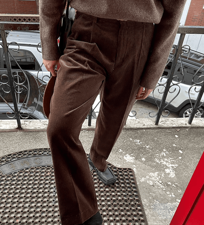 RT No. 10603 BROWN FOLDED CORDUROY STRAIGHT PANTS