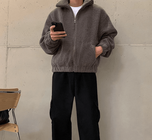 RT No. 12021 GRAY FLEECE ZIP-UP SWEATER JK