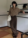 RT No. 32046 BROWN PLEATED WIDE STRAIGHT PANTS