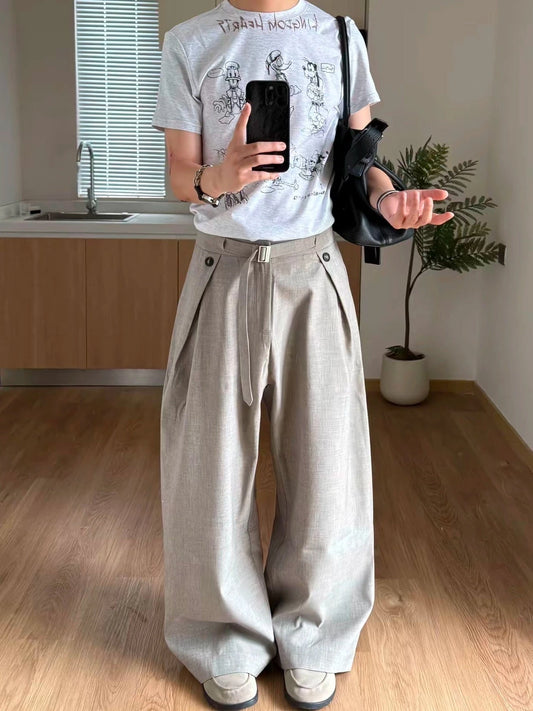 RT No. 19048 PLEATED ASH LINEN STRAIGHT PANTS