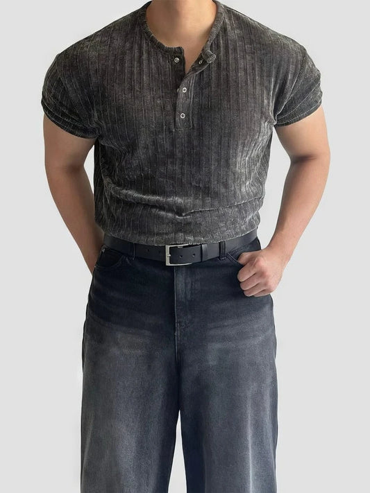 RT No. 19030 GRAY HENRY COLLAR KNIT SHORT SLEEVE
