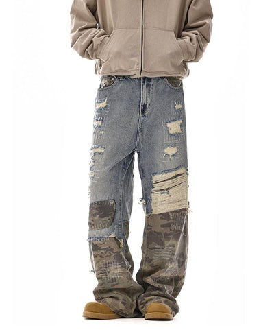 RT No. 12110 CAMO PATCH DISTRESSED DENIM JEANS