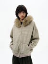 RT No. 32093 KNITWEAR STRIPED FUR COLLAR ZIP HOODIE