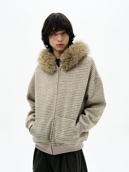 RT No. 32093 KNITWEAR STRIPED FUR COLLAR ZIP HOODIE