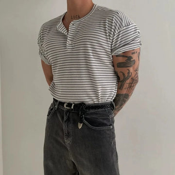 RT No. 19008 KNIT STRIPED HENRY COLLAR SHORT SLEEVE