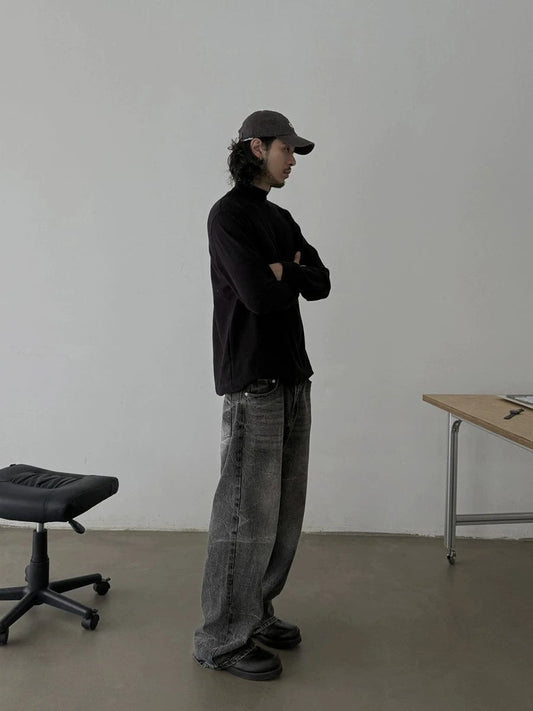 RT No. 18827 WASHED BLACK BAGGY STRAIGHT DENIM JEANS