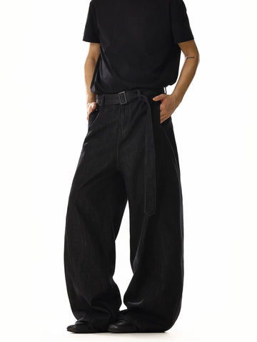 RT No. 18215 BLACK STRAIGHT BELT DENIM JEANS