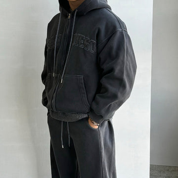 RT No. 12435 DARK GRAY ZIP LETTERED HOODIE & BAGGY SWEATPANTS