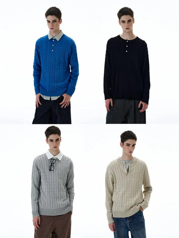 RT No. 20005 TWIST KNIT HENRY COLLAR LONG SLEEVE