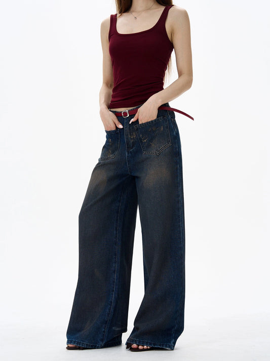 RT No. 18146 WASHED DARK BLUE DENIM STRAIGHT JEANS