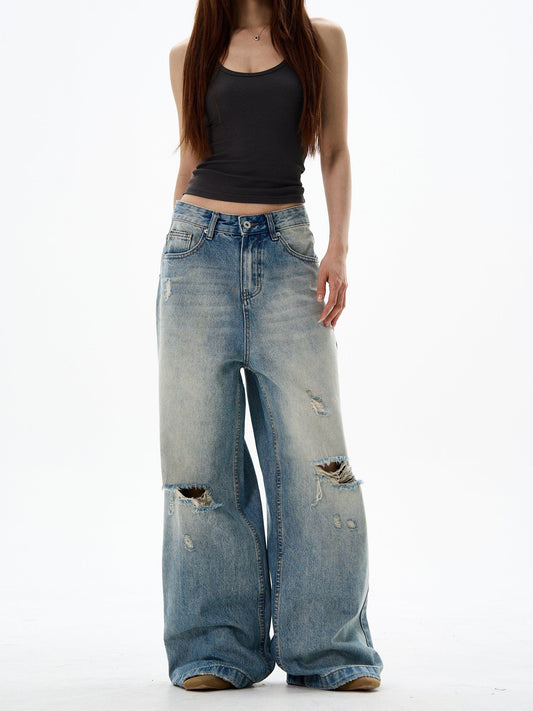 RT No. 12692 DISTRESSED WASHED DENIM STRAIGHT JEANS
