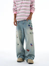 RT No. 19567 PRINTED LABEL BLUE DENIM BAGGY STRAIGHT JEANS