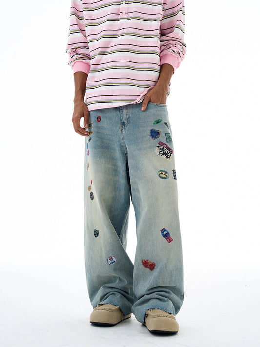 RT No. 19567 PRINTED LABEL BLUE DENIM BAGGY STRAIGHT JEANS