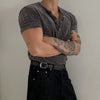 RT No. 18055 GRAY KNIT HENRY COLLAR SHORT SLEEVE