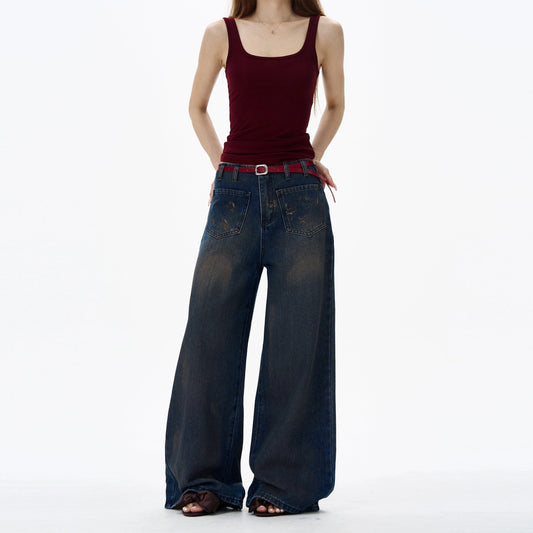 RT No. 18146 WASHED DARK BLUE DENIM STRAIGHT JEANS