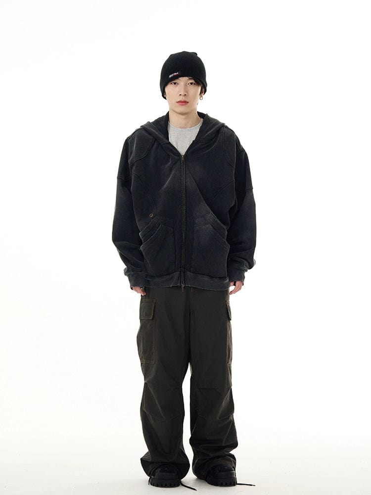 RT No. 11168 RECONSTRUCTED WASHED BLACK ZIP-UP HOODIE