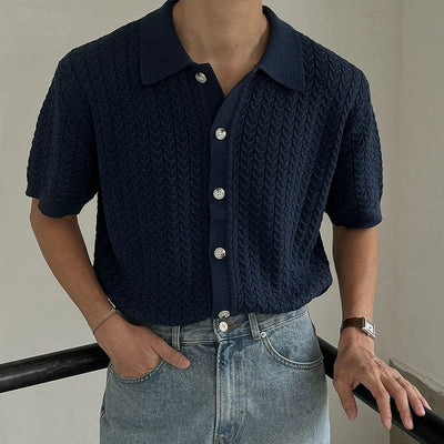 RT No. 11817 NAVY BLUE TWISTED KNIT BUTTON-UP POLO SHIRT