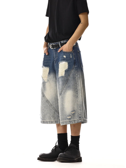 RT No. 18121 DISTRESSED GRADIENT DENIM SHORTS