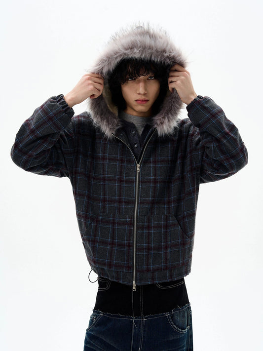 RT No. 32505 PLAID FUR ZIP HOODIE