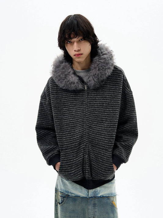 RT No. 32093 KNITWEAR STRIPED FUR COLLAR ZIP HOODIE