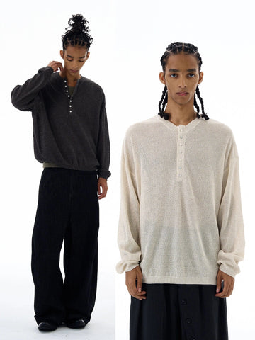 RT No. 19526 HOLLOW KNIT HALF BUTTON-UP SWEATER