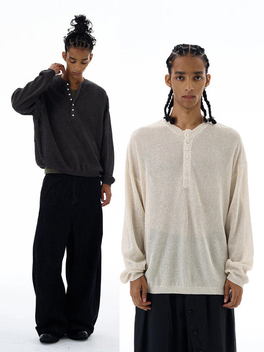 RT No. 19526 HOLLOW KNIT HALF BUTTON-UP SWEATER