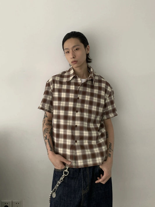 RT No. 19732 BROWN PLAID BUTTON-UP SHORT SLEEVE