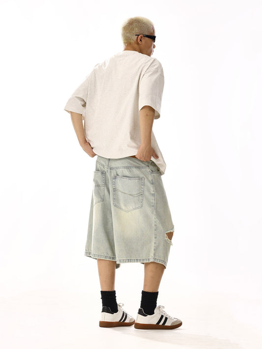 RT No. 13001 LIGHT BLUE RIPPED DENIM SHORTS