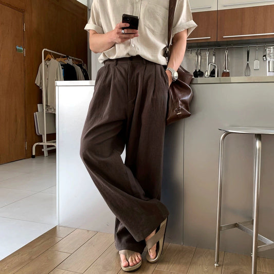 RT No. 18308 LINEN FOLDED PLEATED STRAIGHT PANTS