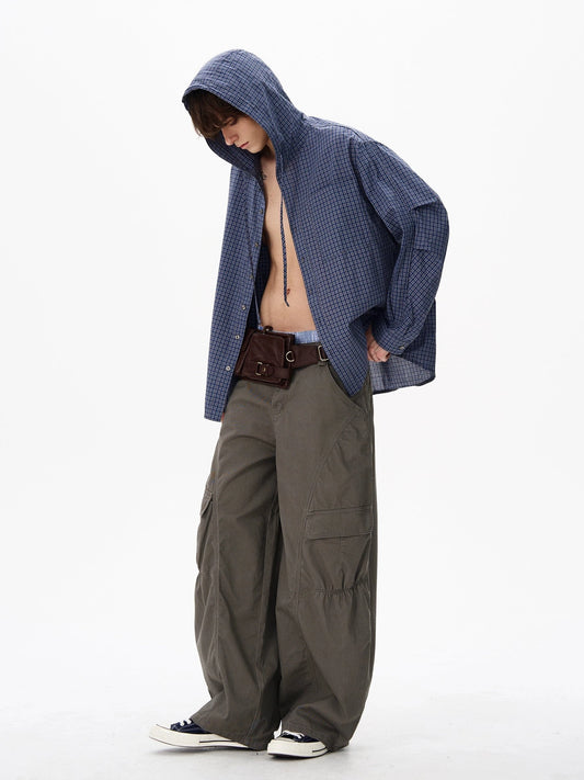 RT No. 18134 PLAID BUTTON-UP HOODED SHIRT
