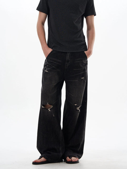 RT No. 18030 BLACK DISTRESSED DENIM STRAIGHT JEANS