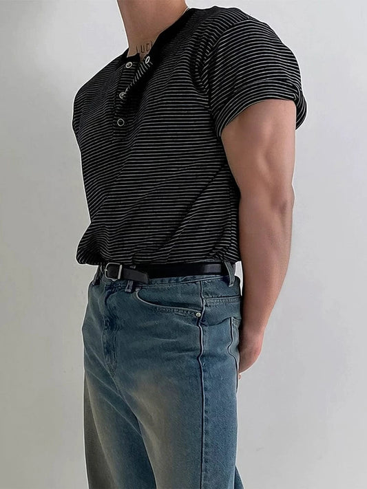 RT No. 19005 BLACK STRIPE HENRY COLLAR SHORT SLEEVE