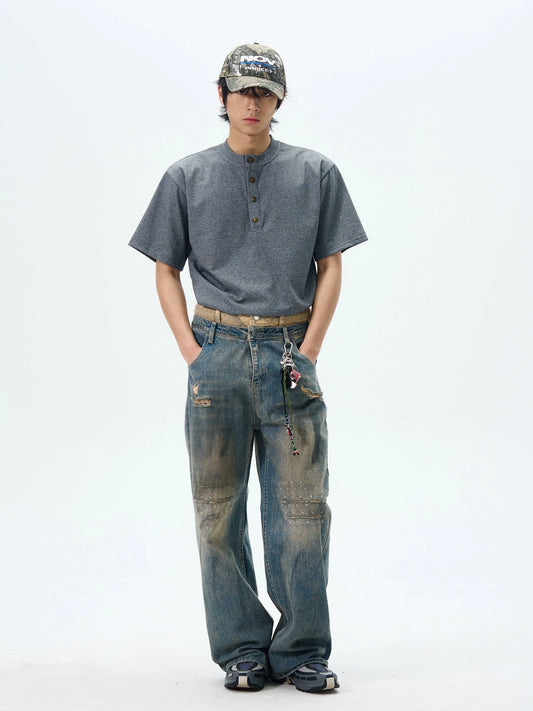 RT No. 18053 DISTRESSED MUD WASHED DENIM STRAIGHT JEANS