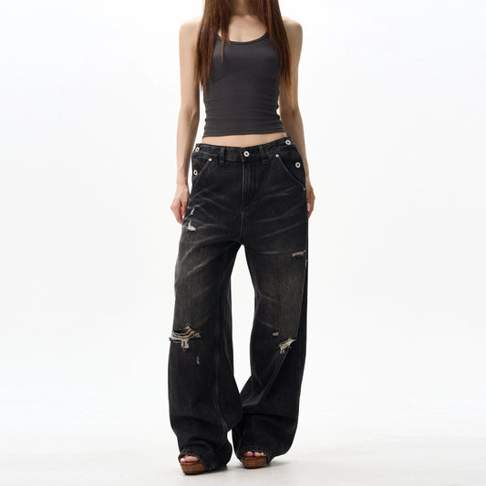 RT No. 18030 BLACK DISTRESSED DENIM STRAIGHT JEANS
