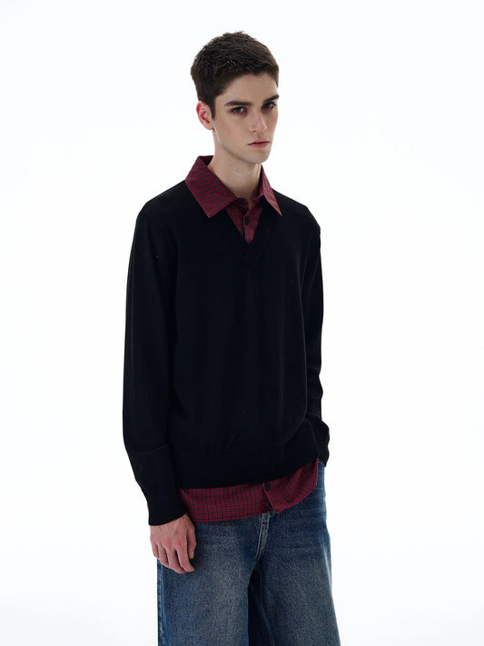 RT No. 20008 TWO PIECE BUTTON-UP SHIRT V-NECK SWEATER