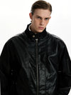 RT No. 50042 BLACK STAND COLLAR LEATHER JACKET