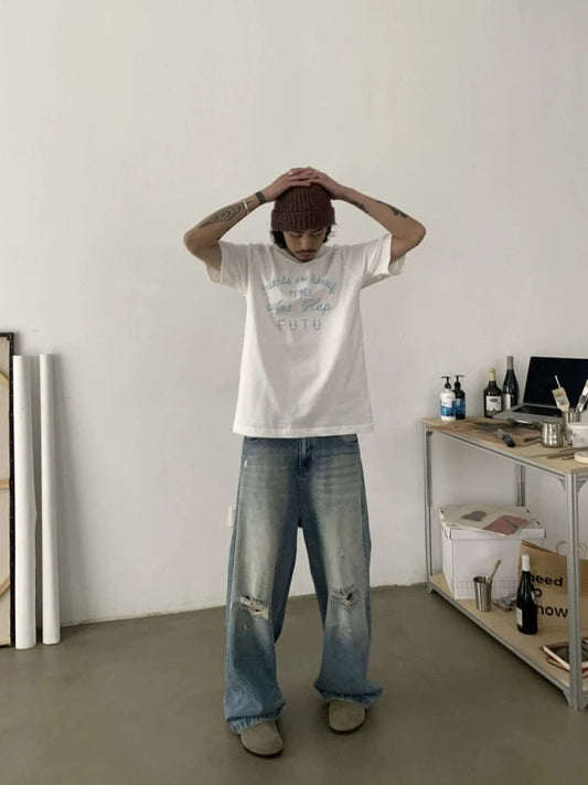 RT No. 18846 DISTRESSED WASHED BLUE STRAIGHT DENIM JEANS