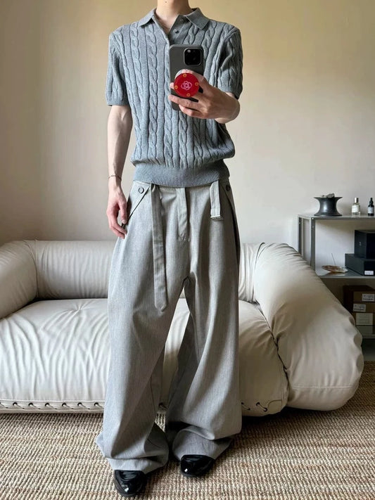 RT No. 19048 PLEATED ASH LINEN STRAIGHT PANTS