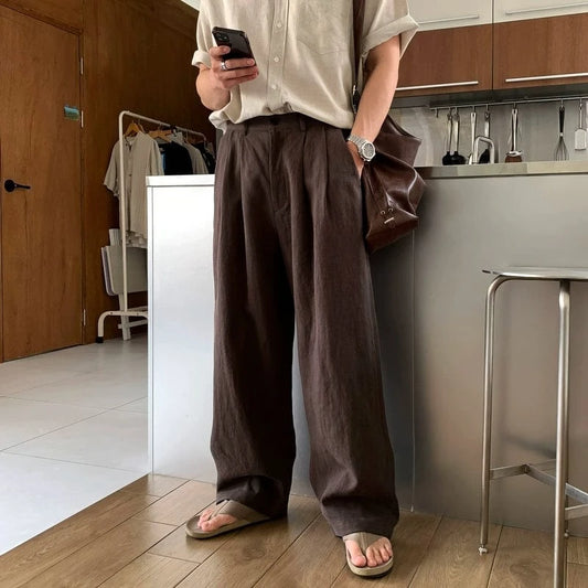 RT No. 18151 PLEATED LINEN STRAIGHT PANTS