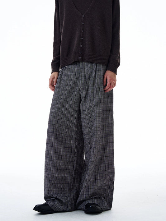 RT No. 20031 PLEATED GRAY PLAID BAGGY STRAIGHT PANTS