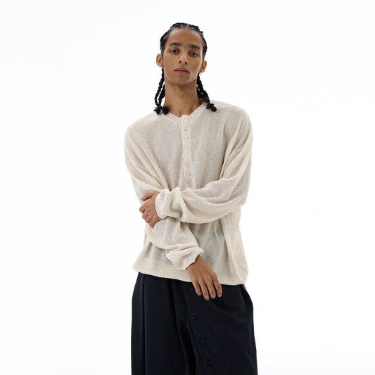 RT No. 19526 HOLLOW KNIT HALF BUTTON-UP SWEATER